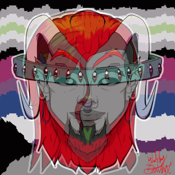 Scrolling gif image of wubby's sona in human, dragon, and true demon form with the agender, bisexual, and demisexual flags in the background